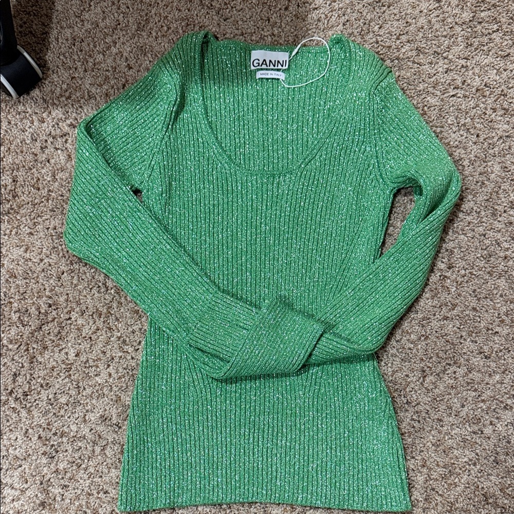 NWT Ganni Shimmering Green Scoop Neck Sweater